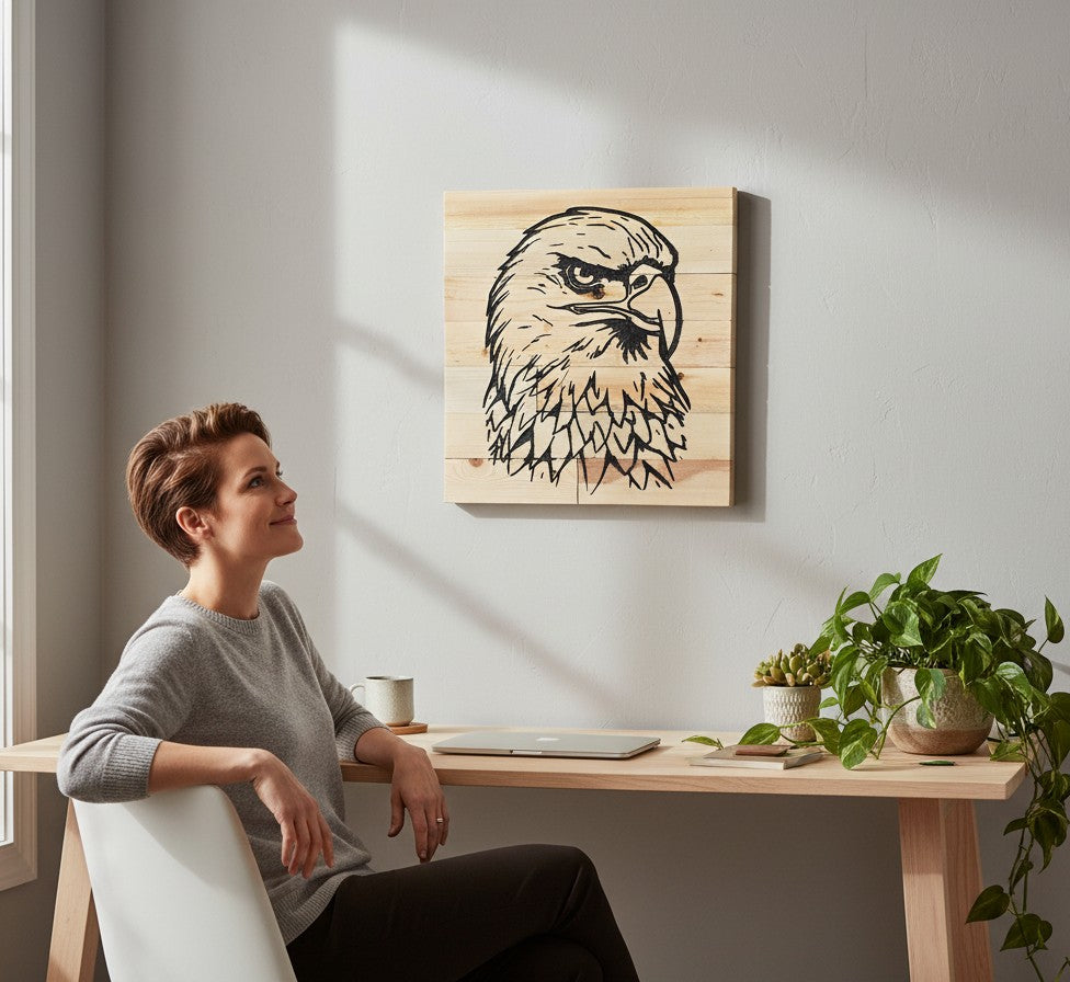 TK Wood Designs rustic reclaimed wood sign featuring a black graphic of an eagle's head with natural grain patterns.