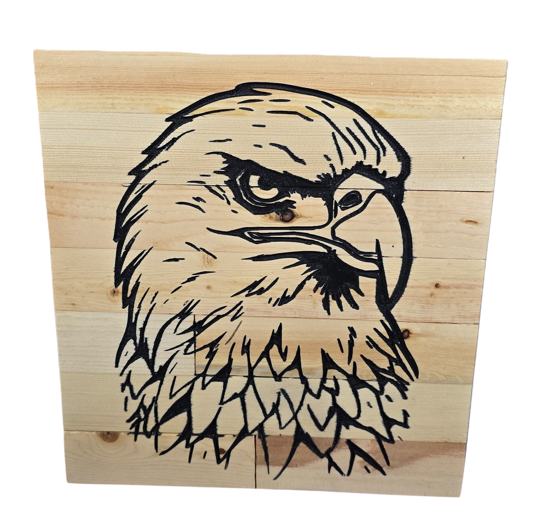 TK Wood Designs rustic reclaimed wood sign featuring a black outline of an eagle's head with natural wood grain.