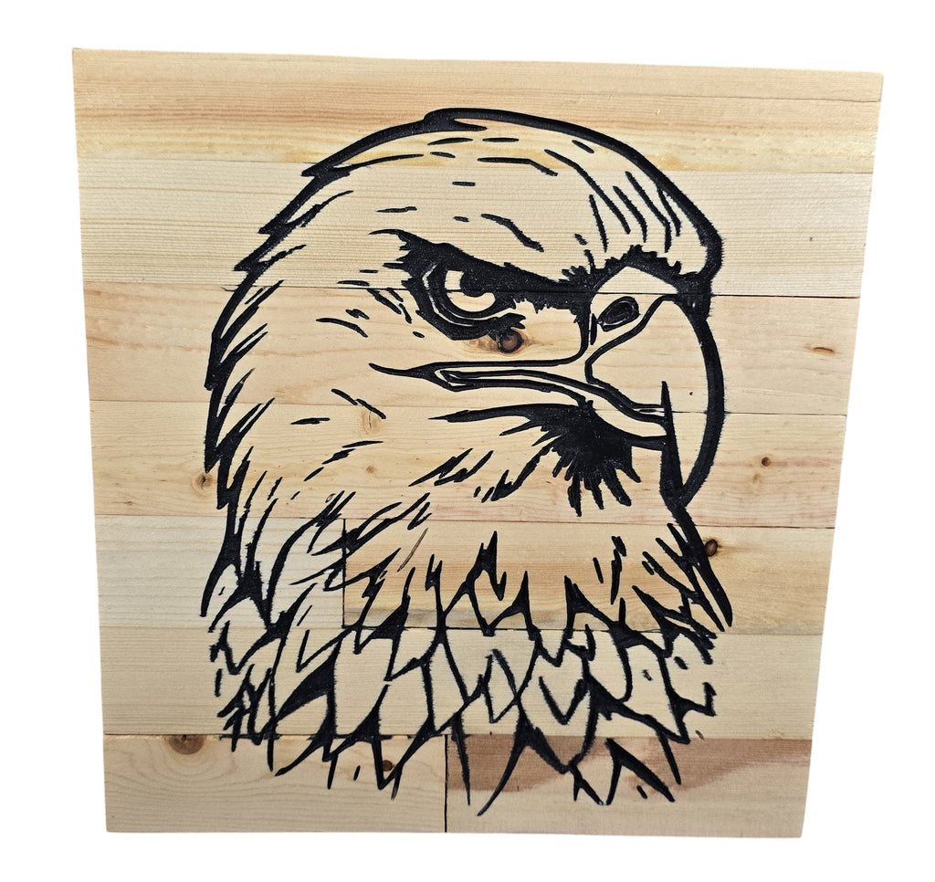 TK Wood Designs rustic reclaimed wood sign featuring a black outline of an eagle's head with natural wood grain.