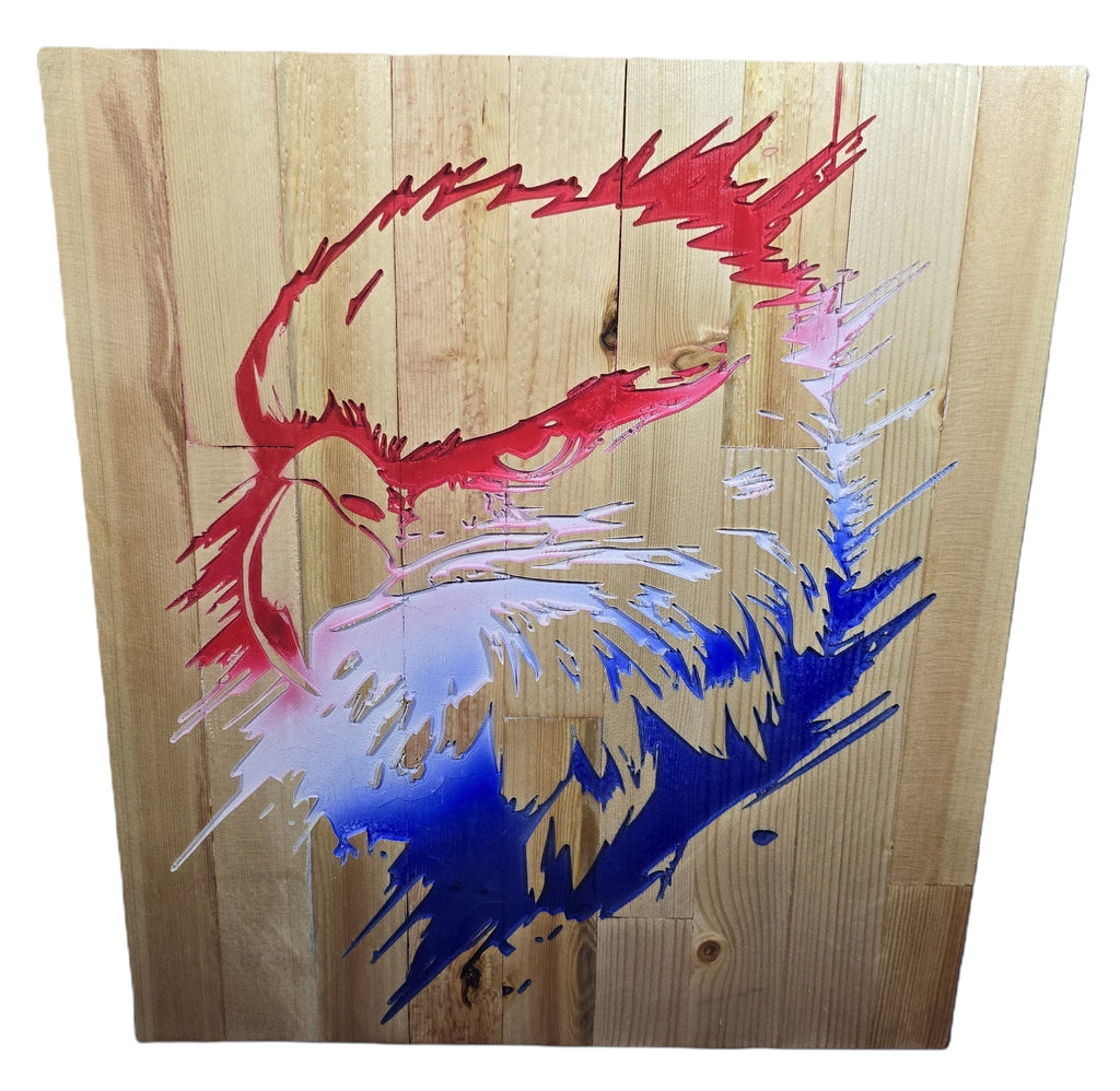 TK Wood Designs rustic reclaimed wood wall art featuring a hand-carved eagle head in red, white, and blue tones.