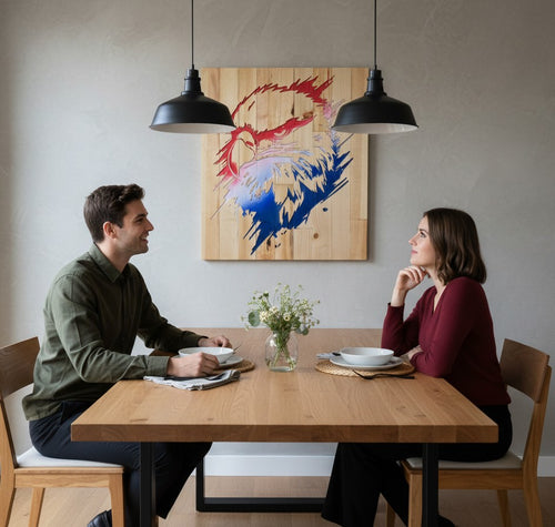 TK Wood Designs rustic reclaimed wood wall art featuring a hand-carved eagle head in red, white, and blue tones.
