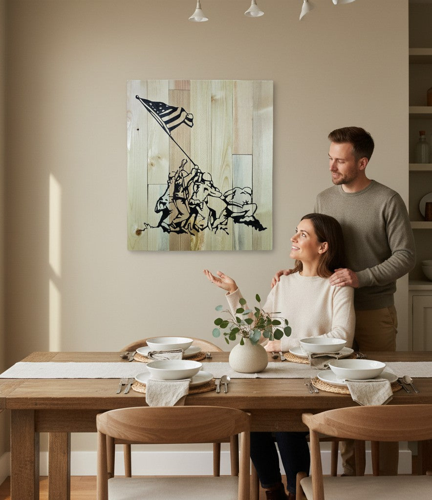TK Wood Designs reclaimed wood sign featuring a black silhouette of soldiers raising the American flag, inspired by a historic moment.