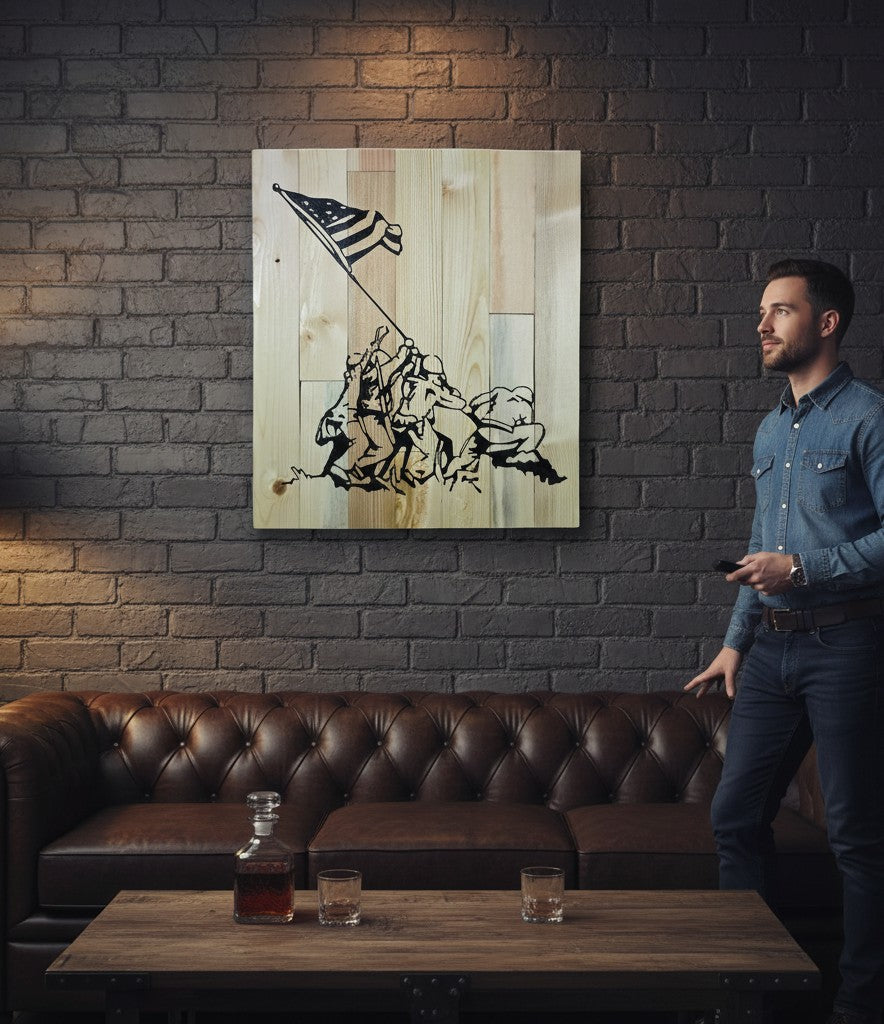 TK Wood Designs reclaimed wood sign featuring a black silhouette of soldiers raising the American flag, inspired by a historic moment.