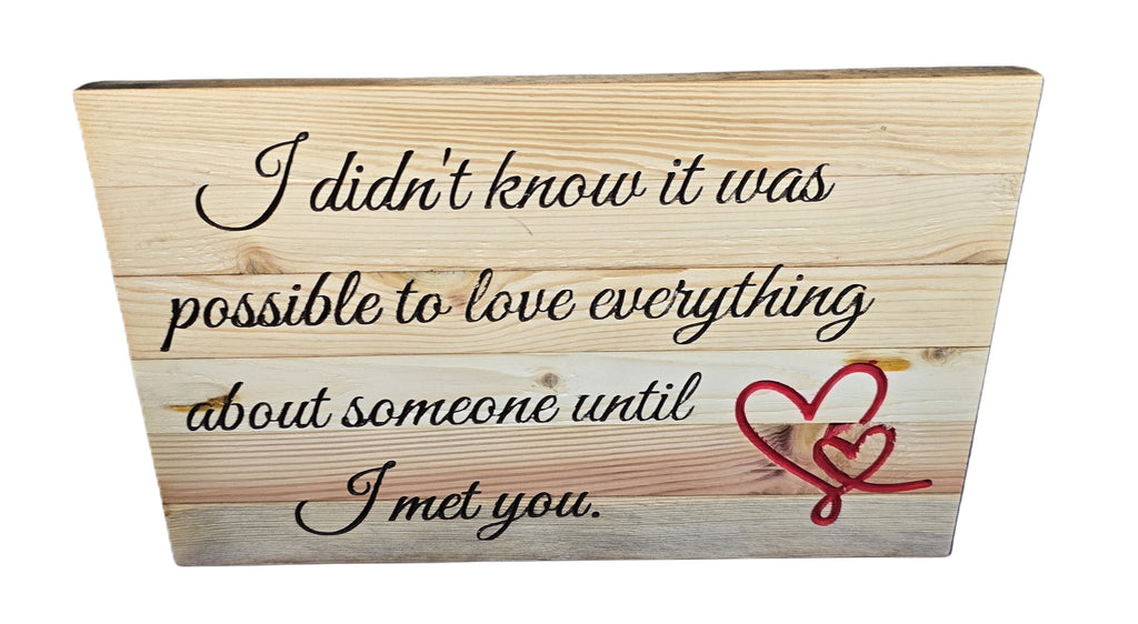 TK Wood Designs reclaimed wood sign with hand-crafted lettering and red heart detail. Features quote: "I didn't know it was possible to love everything about someone until I met you."