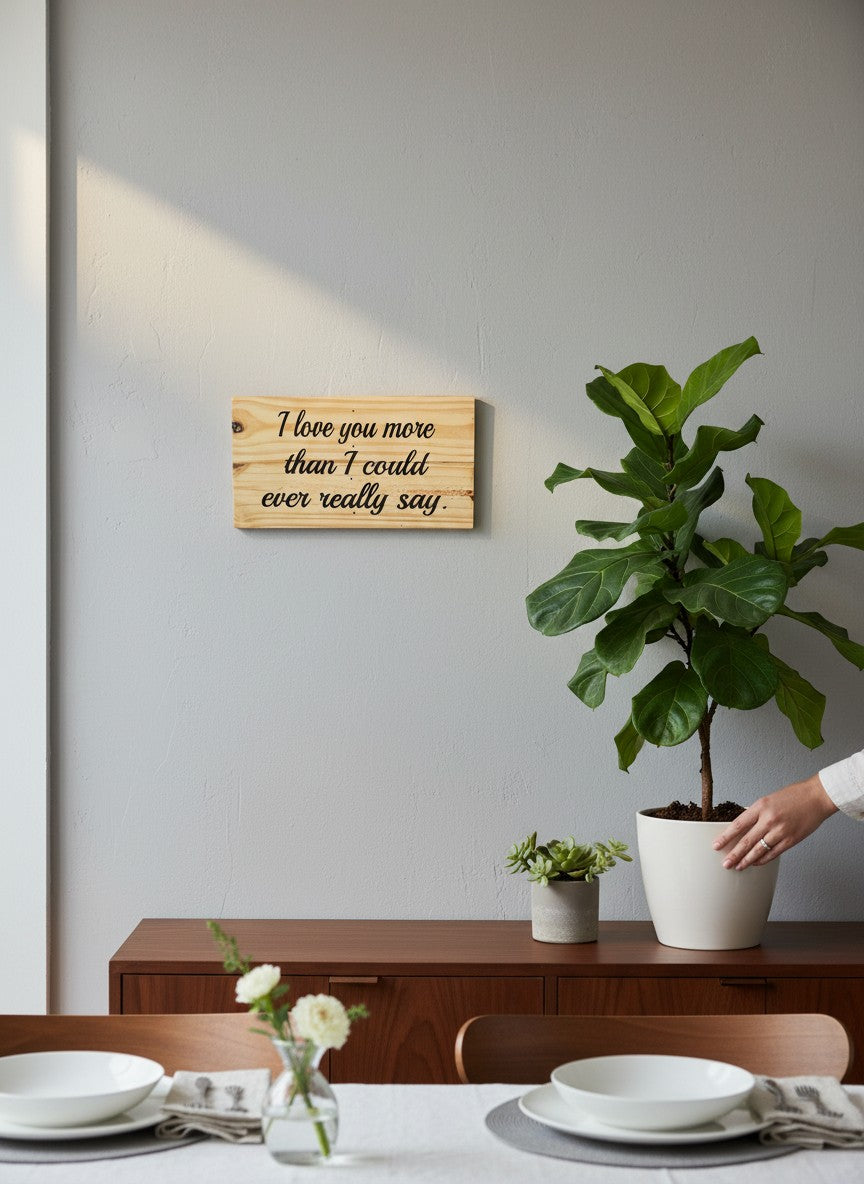 TK Wood Designs rustic wooden sign with hand-painted lettering that says "I love you more than I could ever really say."