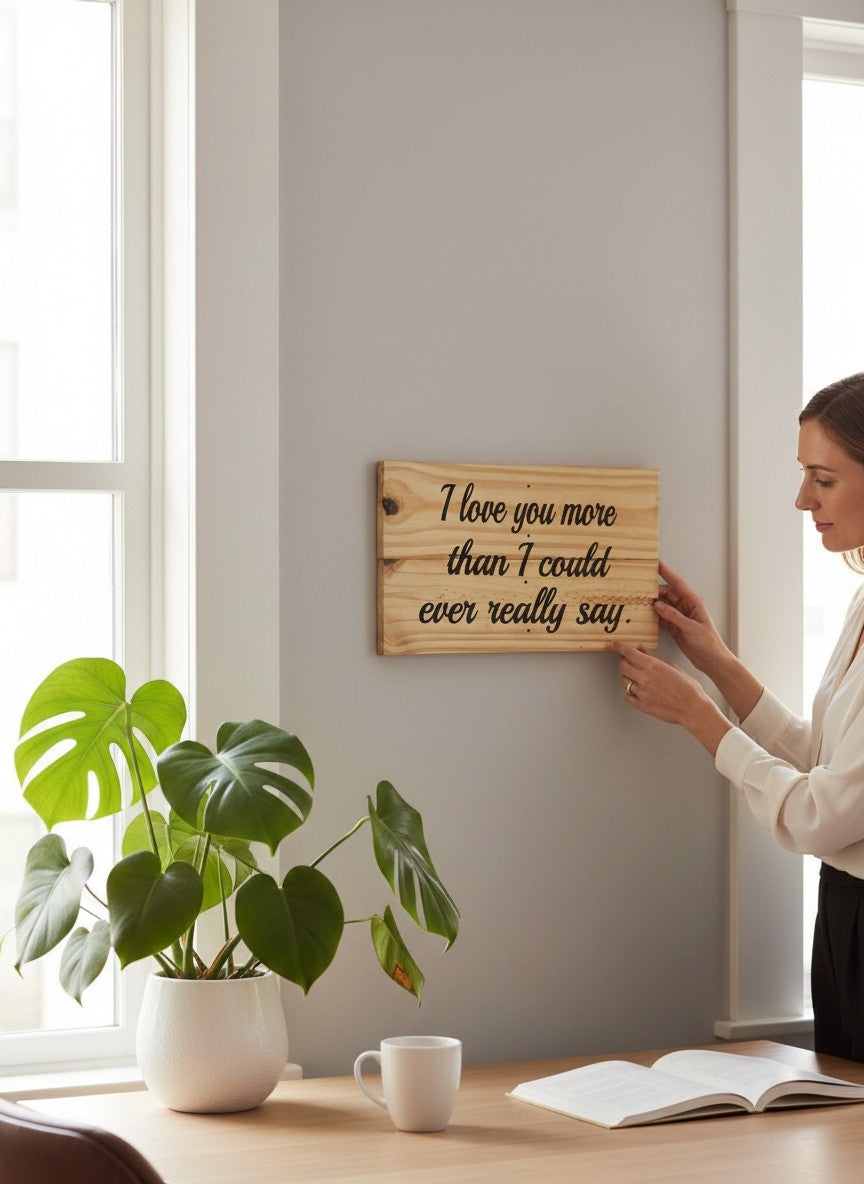TK Wood Designs rustic reclaimed wood sign with hand-painted lettering that says "I love you more than I could ever really say."