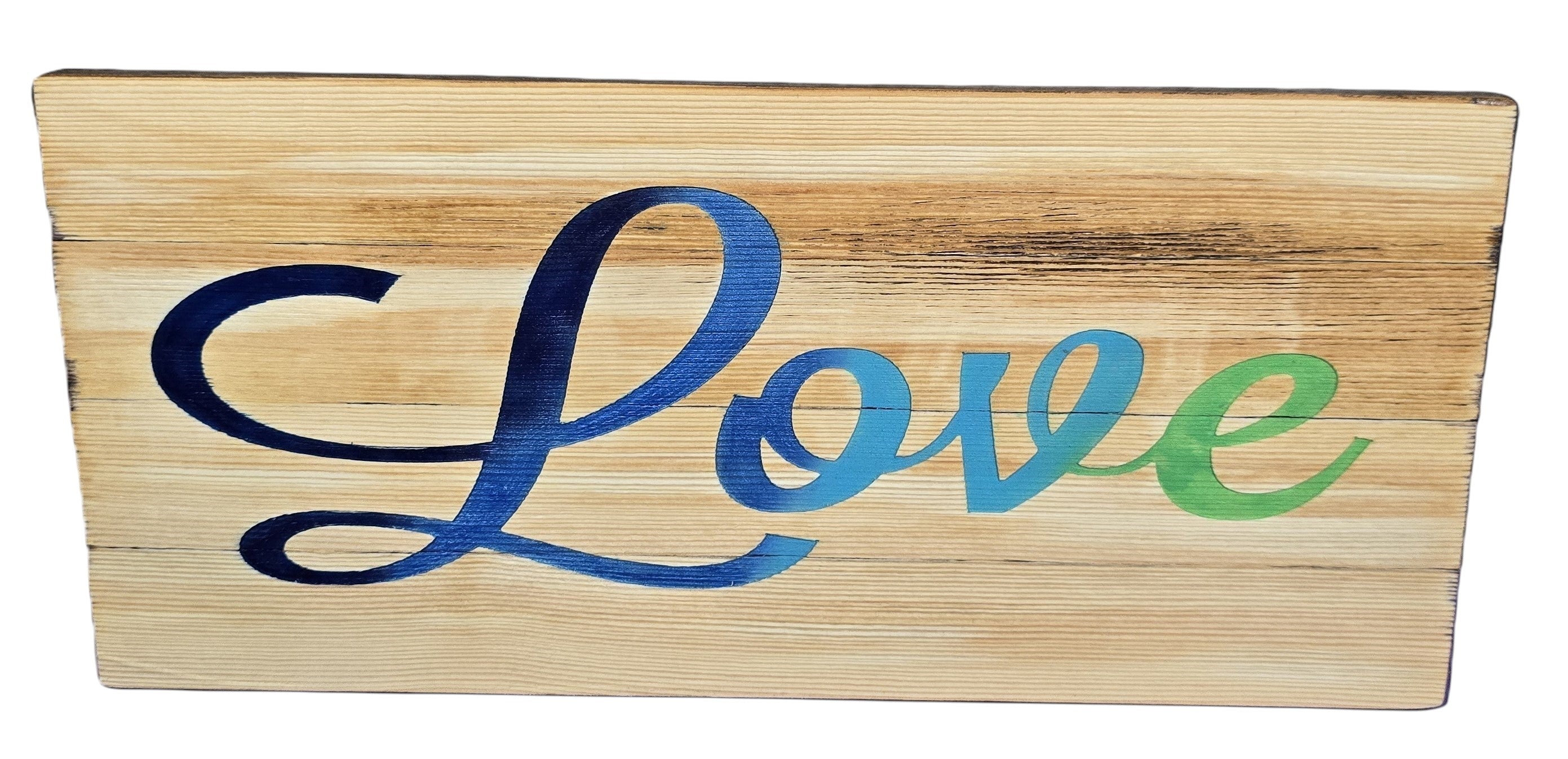 TK Wood Designs reclaimed wood sign with hand-airbrushed blue-to-green gradient 'Love' text. 7" H x 14" W.