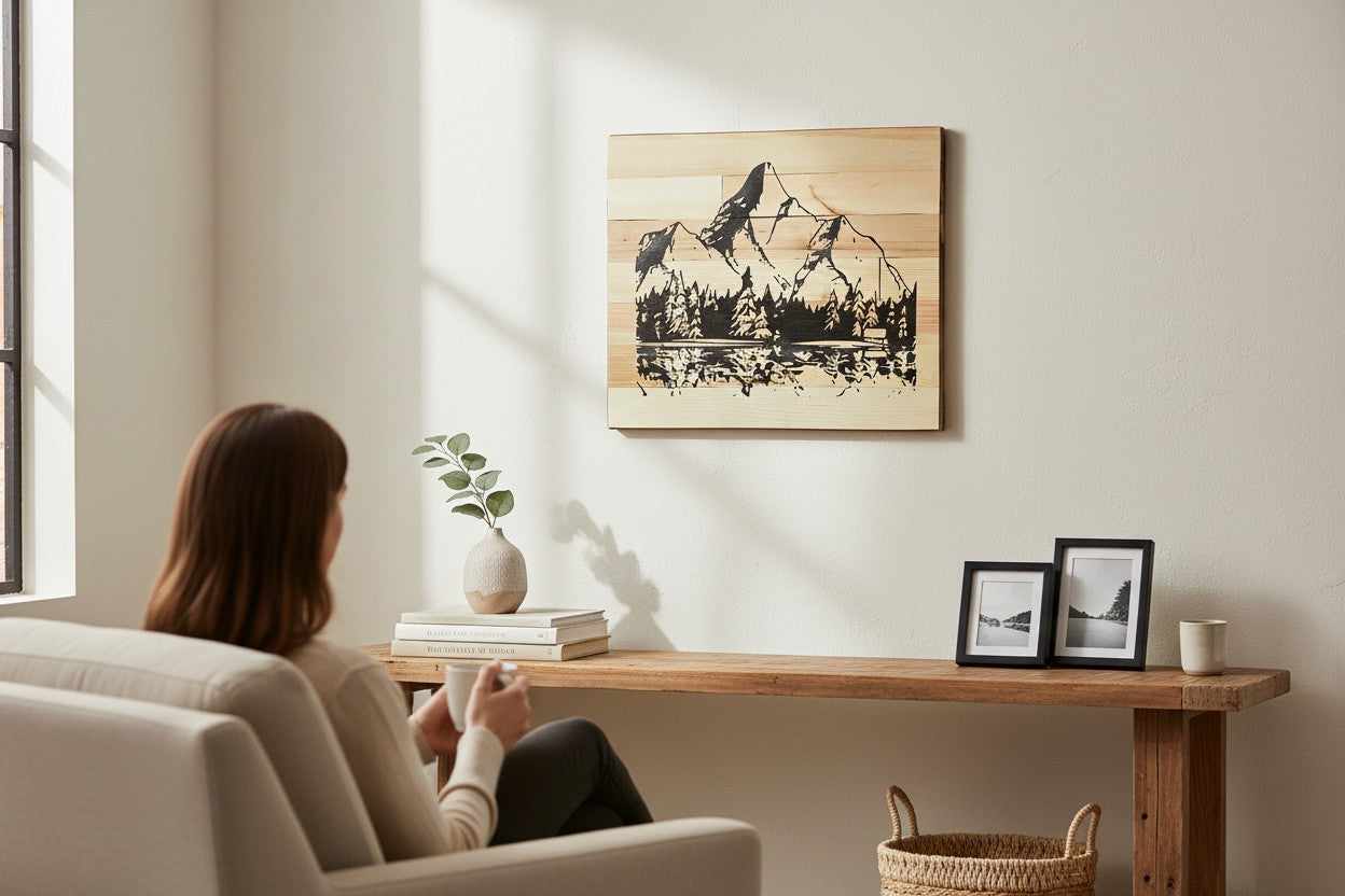 TK Wood Designs handcrafted reclaimed wood sign featuring a black carved mountain range over a pine forest and lake reflection.