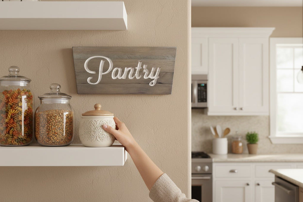 TK Wood Designs rustic reclaimed wood pantry sign with carved white lettering.
