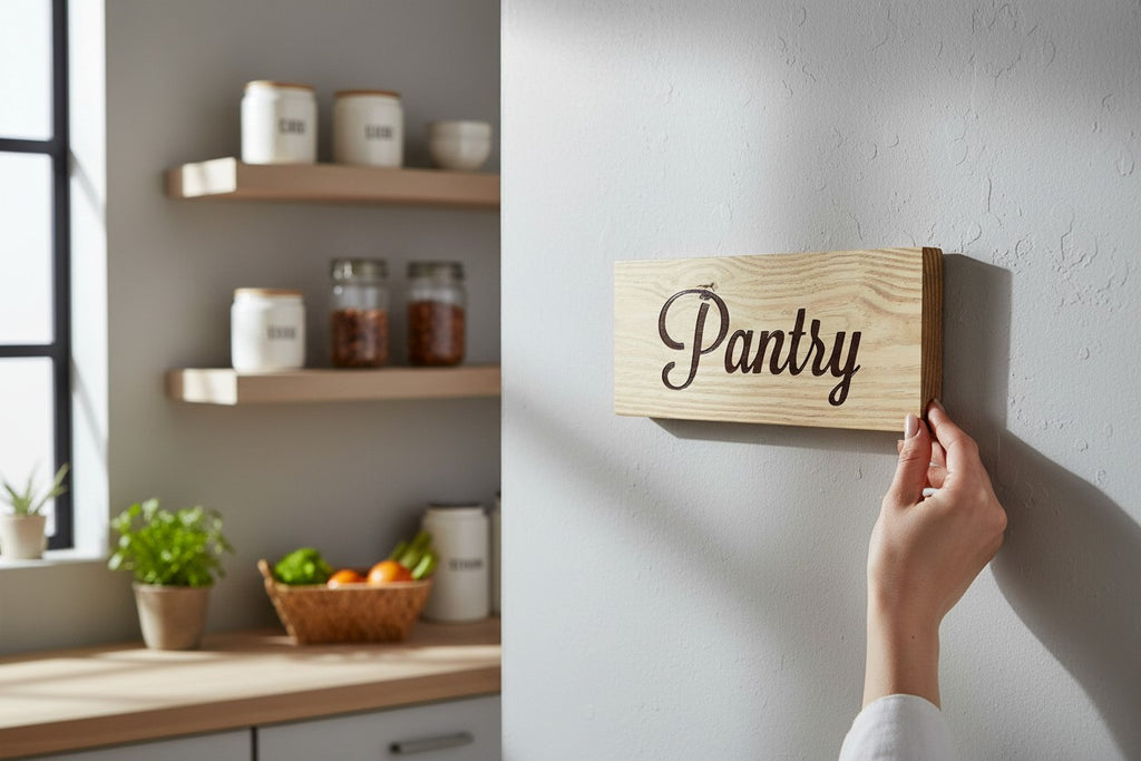 TK Wood Designs handcrafted reclaimed wood pantry sign with dark brown script lettering.