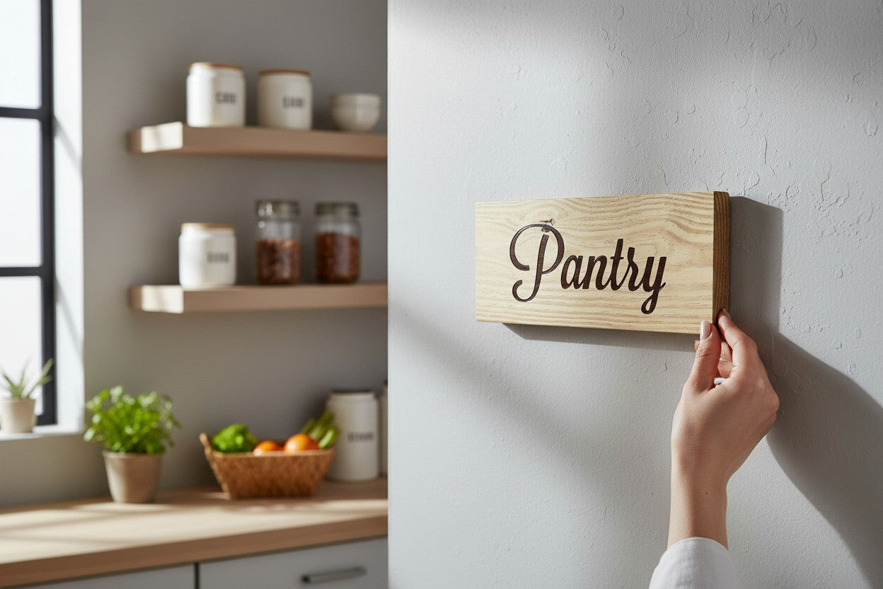 TK Wood Designs handcrafted reclaimed wood pantry sign with dark brown script lettering.