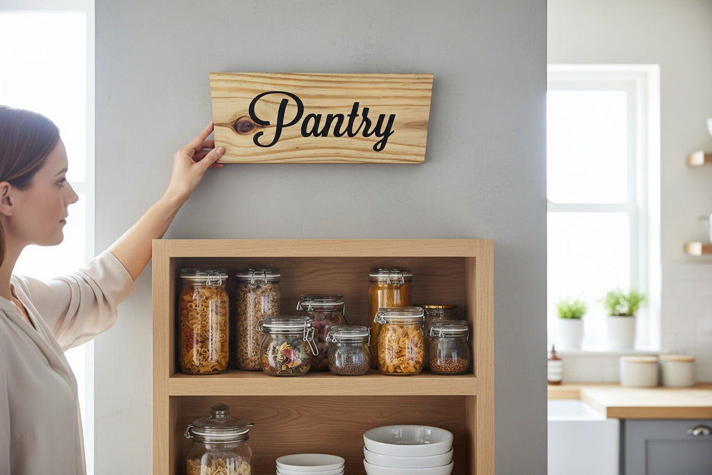 TK Wood Designs handcrafted reclaimed wood pantry sign with black script lettering.