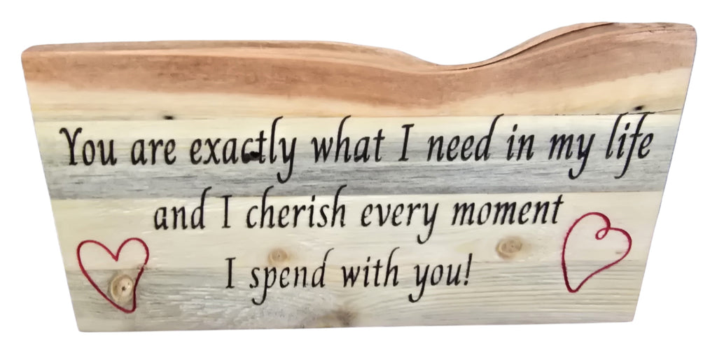 TK Wood Designs reclaimed wood wall art with hand-lettered quote and red hearts. Rustic, sentimental decor.
