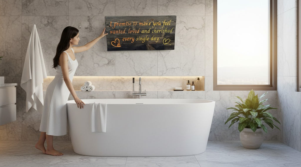 TK Wood Designs reclaimed wood sign with hand-painted text "I promise to make you feel wanted, loved and cherished every single day." and heart graphics.