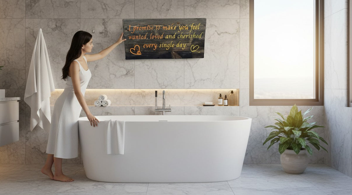 TK Wood Designs reclaimed wood sign with hand-painted text "I promise to make you feel wanted, loved and cherished every single day." and heart graphics.