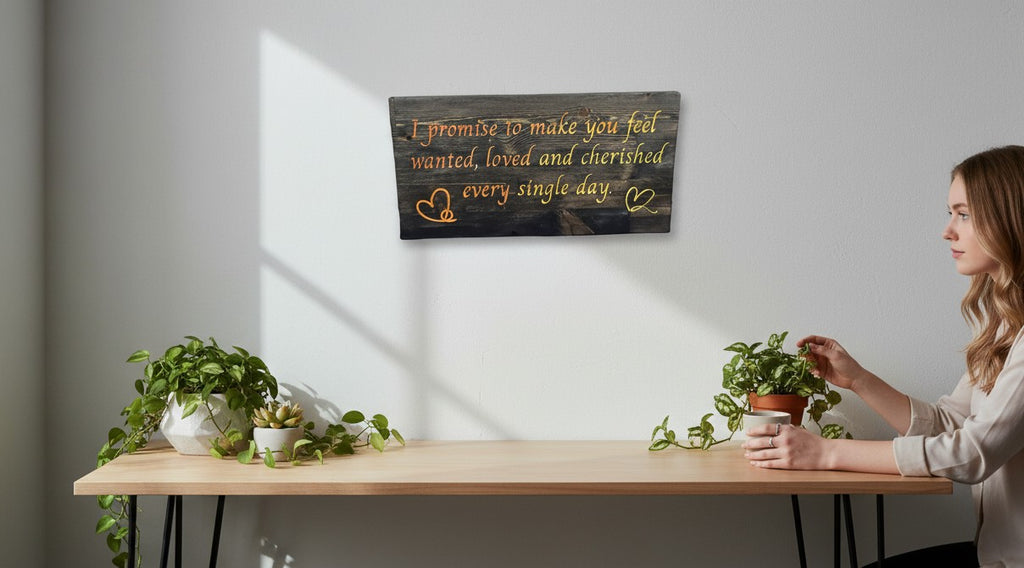 TK Wood Designs reclaimed wood sign with hand-painted text "I promise to make you feel wanted, loved and cherished every single day." and heart accents.