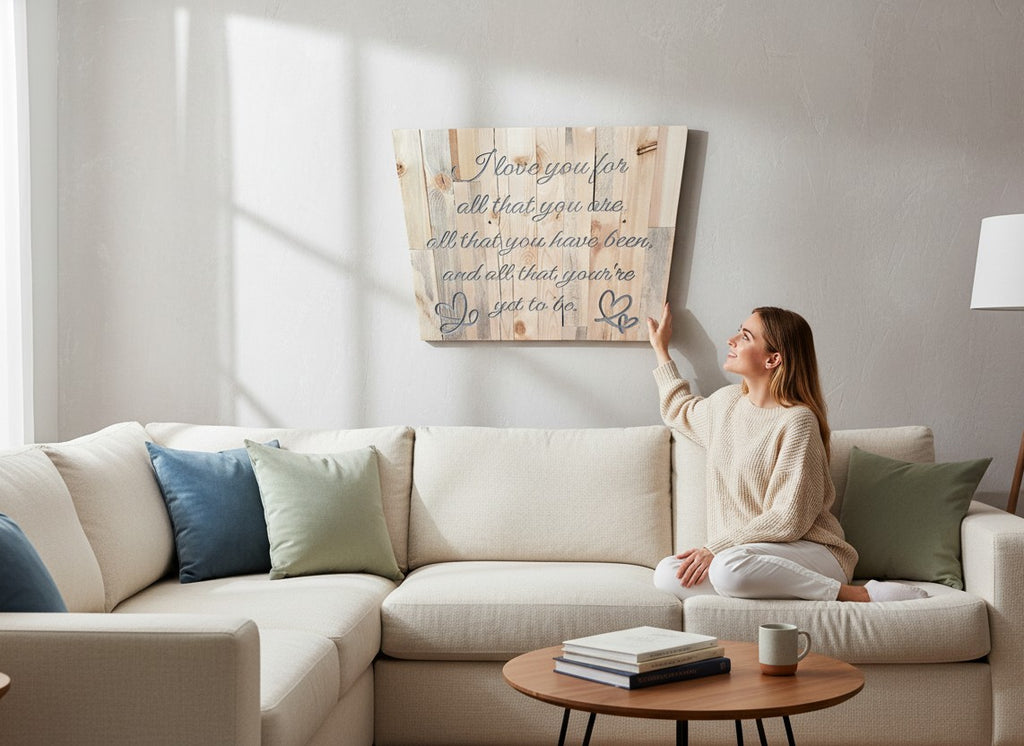 TK Wood Designs rustic reclaimed wood sign with engraved quote "I love you for all that you are, all that you have been, and all that your're yet to be." with heart accents.