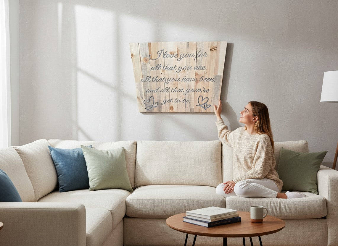 TK Wood Designs rustic reclaimed wood sign with engraved quote "I love you for all that you are, all that you have been, and all that your're yet to be." with heart accents.