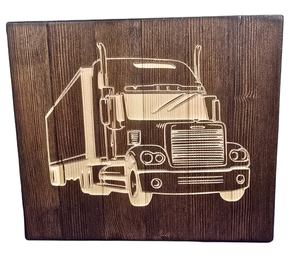 TK Wood Designs handmade semi truck art carved from reclaimed wood with a dark wood grain background.