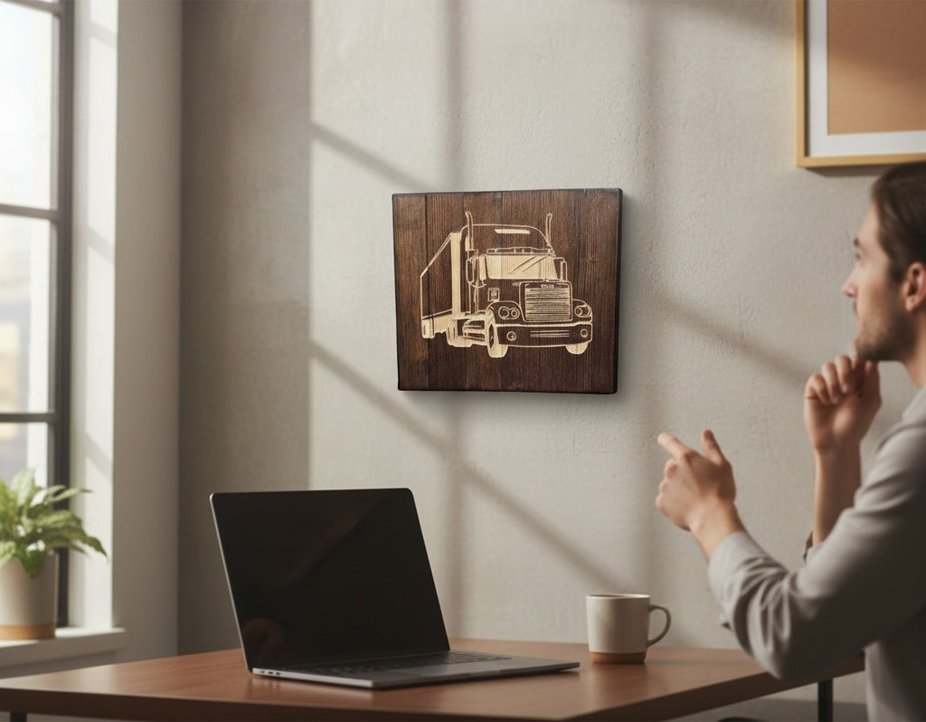 TK Wood Designs handmade semi truck carving from reclaimed wood, featuring intricate details and rustic charm.