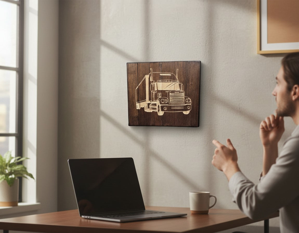 TK Wood Designs handmade semi truck carving from reclaimed wood, featuring intricate details and rustic charm.