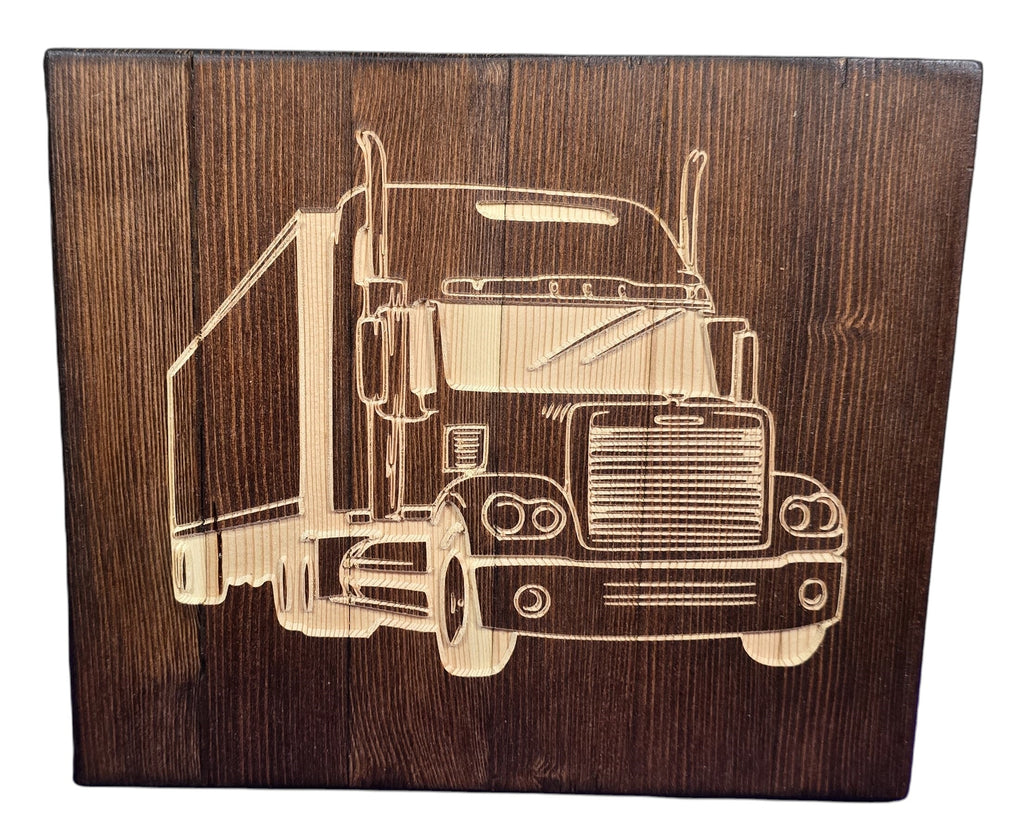 TK Wood Designs handmade semi truck carving from reclaimed wood, featuring intricate details and rustic charm.