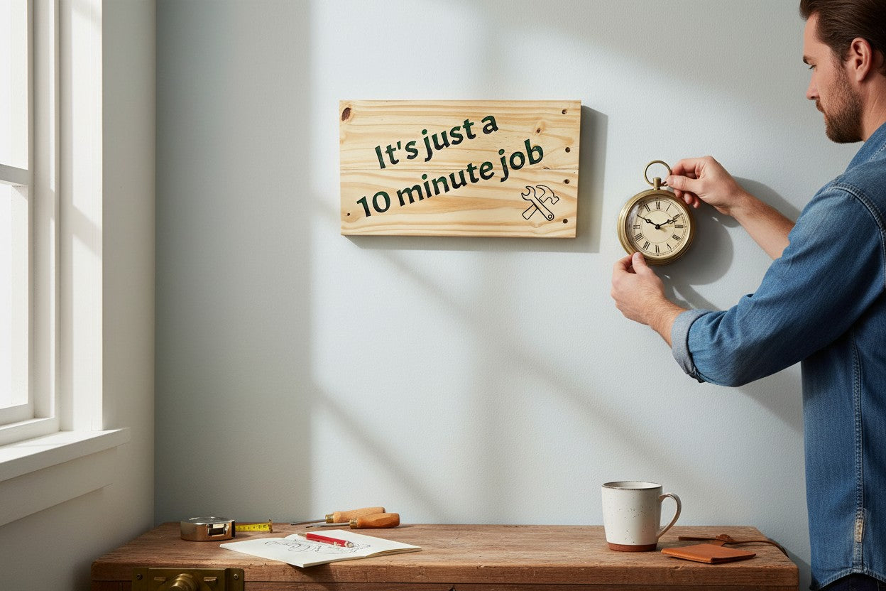 TK Wood Designs reclaimed wood sign with hand-painted text "It's just a 10 minute Job" and a wrench and hammer graphic.