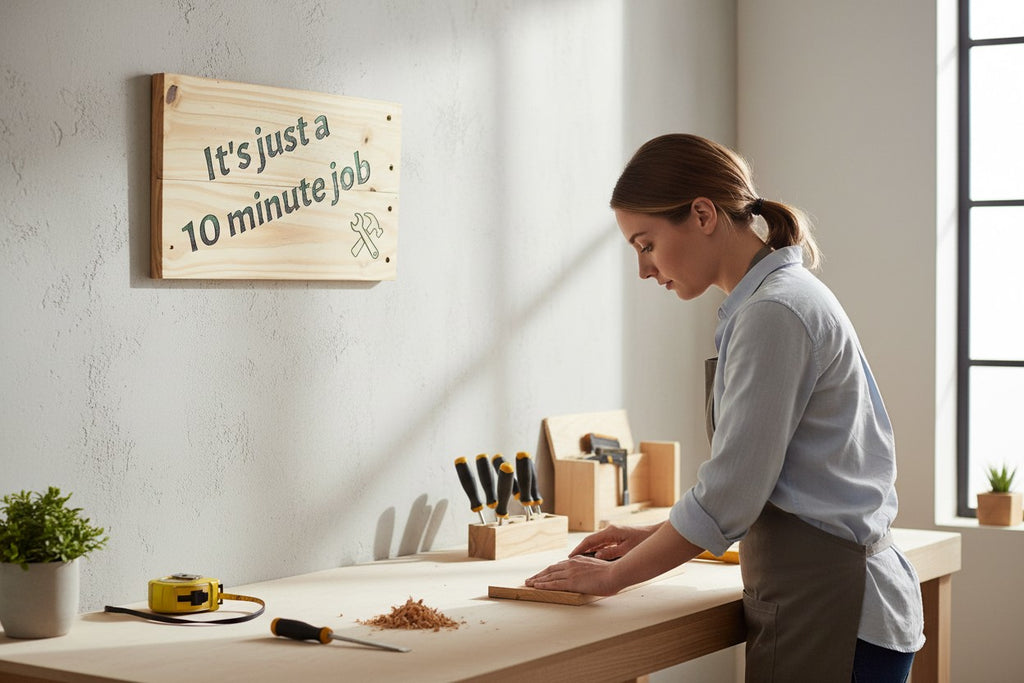 TK Wood Designs handmade reclaimed wood sign with hand-painted text "It's just a 10 minute Job" and a wrench and hammer graphic.