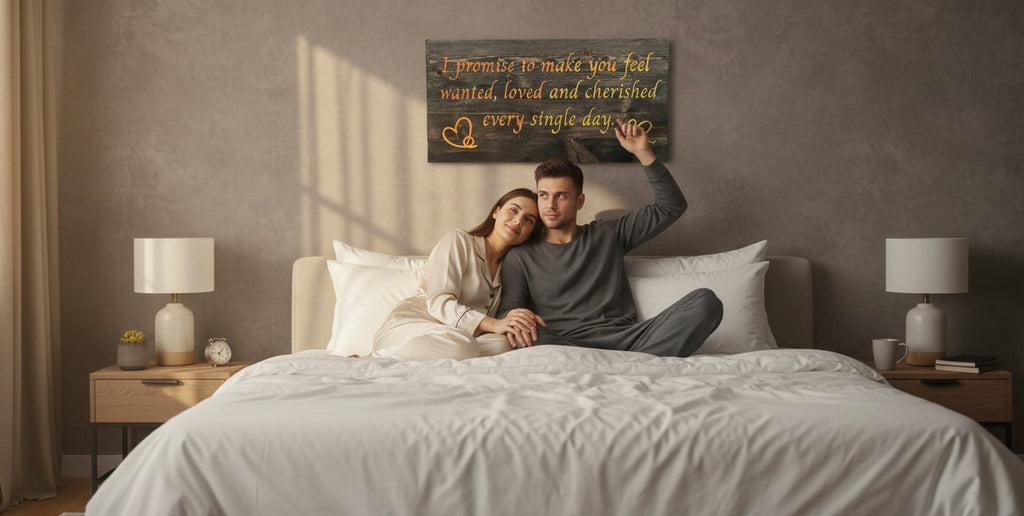 TK Wood Designs reclaimed wood sign with orange and yellow painted text: "I promise to make you feel wanted, loved and cherished every single day." Includes heart designs.