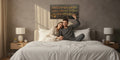 TK Wood Designs reclaimed wood sign with orange and yellow painted text: "I promise to make you feel wanted, loved and cherished every single day." Includes heart designs.