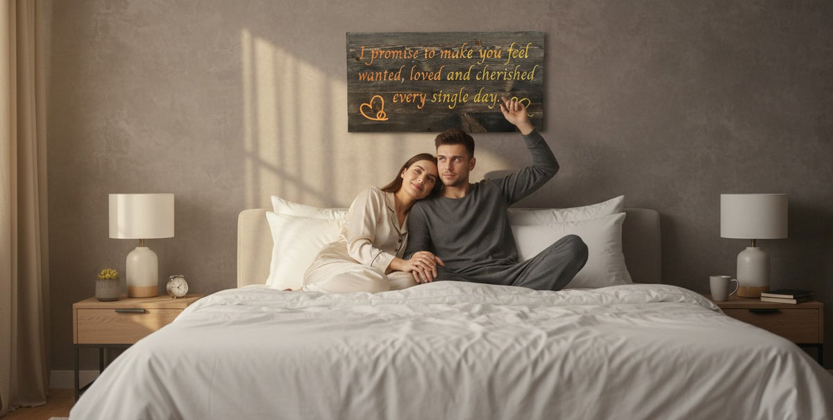 TK Wood Designs reclaimed wood sign with orange and yellow painted text: "I promise to make you feel wanted, loved and cherished every single day." Includes heart designs.