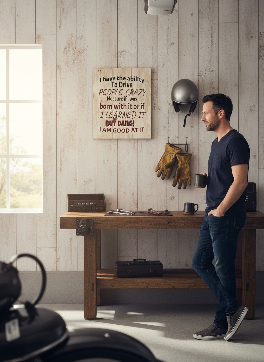 TK Wood Designs reclaimed wood sign with carved text: 'I have the ability To Drive PEOPLE CRAZY, Not sure if I was born with it or if I LEARNED IT BUT DANG! I AM GOOD AT IT.'