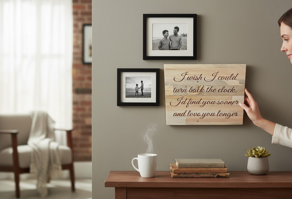 TK Wood Designs reclaimed wood sign with romantic quote 'I wish I could turn back the clock, I'd find you sooner and love you longer' in dark red lettering.