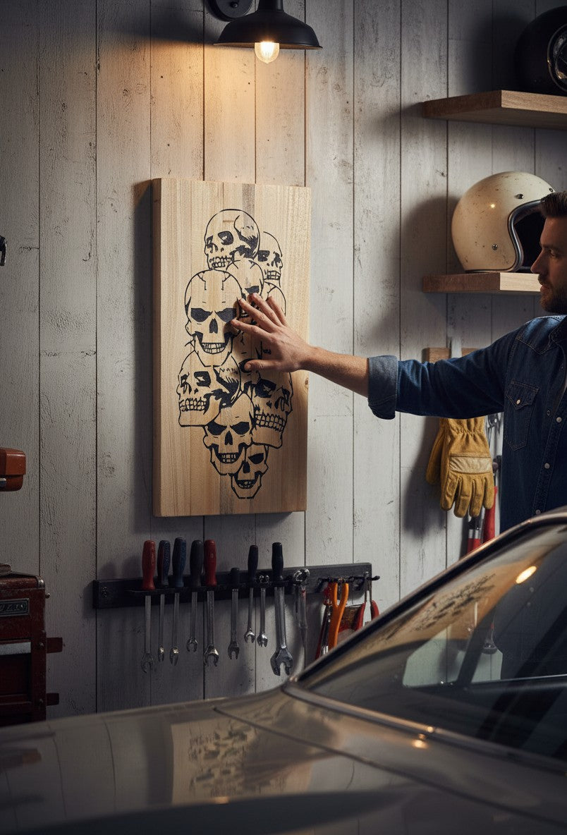 TK Wood Designs reclaimed wood sign with a black graphic of a cluster of skulls. Natural wood grain visible.
