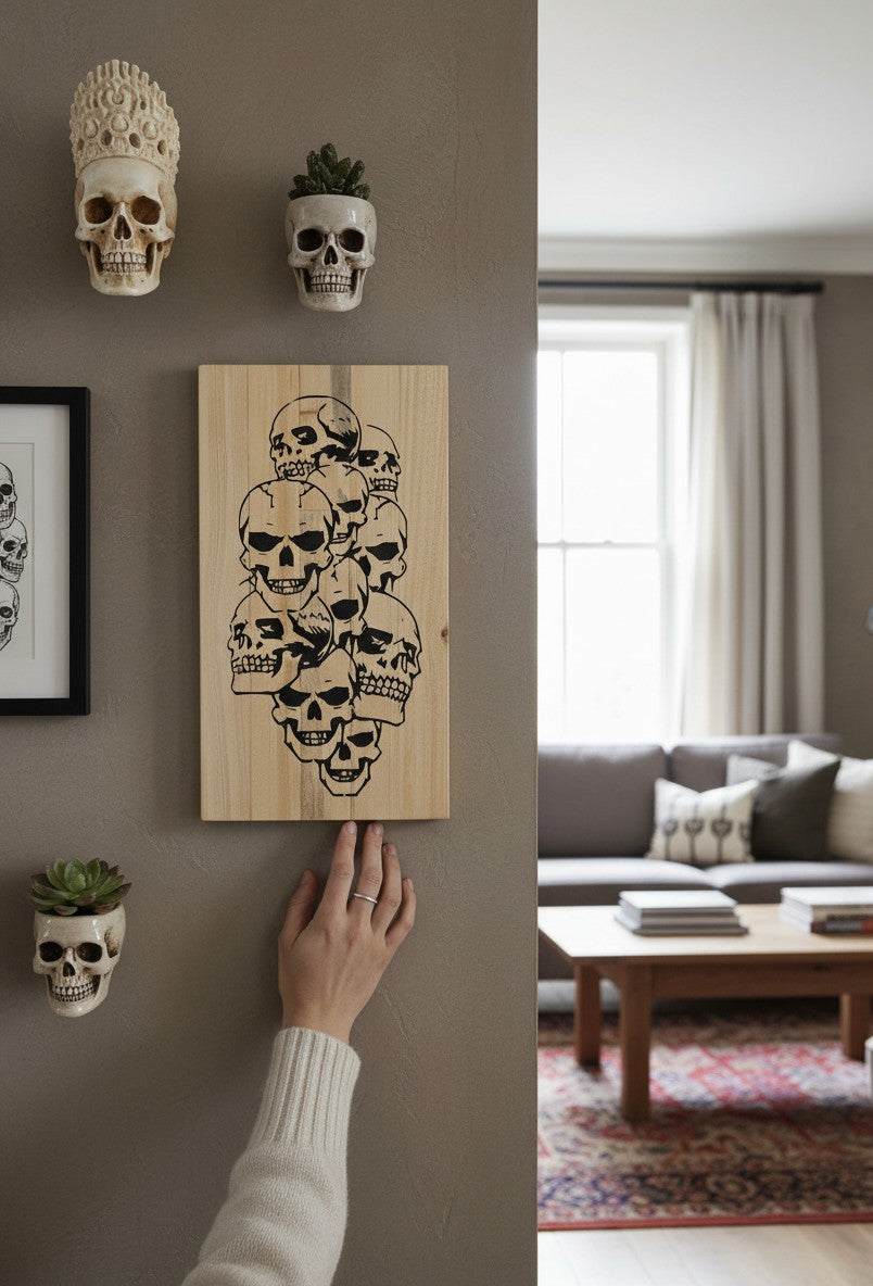 TK Wood Designs reclaimed wood skull sign, featuring a cluster of black-outlined skulls with distressed details. Natural wood grain visible.