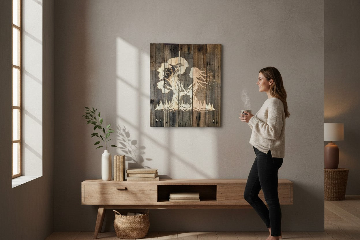 TK Wood Designs rustic reclaimed wood wall sign featuring a laser-engraved tree silhouette in a modern living room