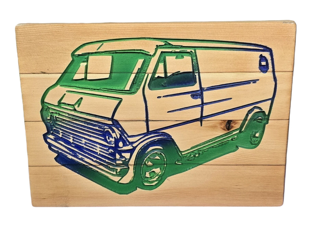 TK Wood Designs reclaimed wood sign carved with a blue and green vintage van. Rustic industrial decor.