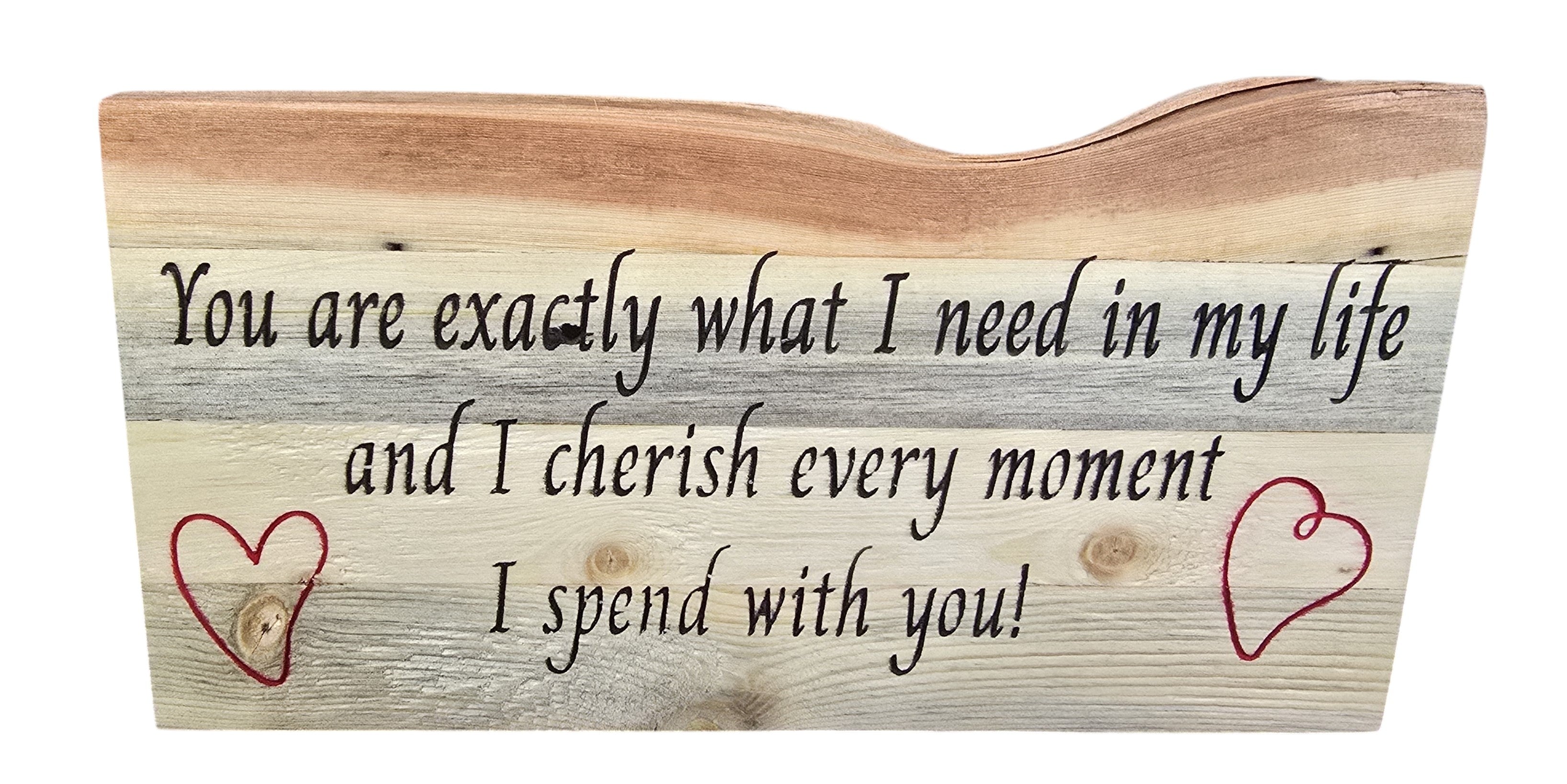 TK Wood Designs reclaimed wood wall art with hand-lettered quote and red hearts. Rustic, sentimental decor.