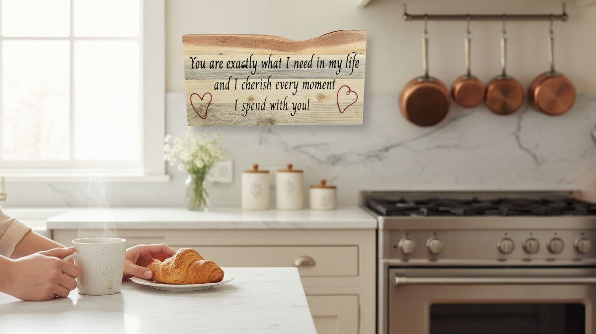 TK Wood Designs reclaimed wood wall art with hand-lettered quote 'You are exactly what I need in my life and I cherish every moment I spend with you!' and red heart accents.
