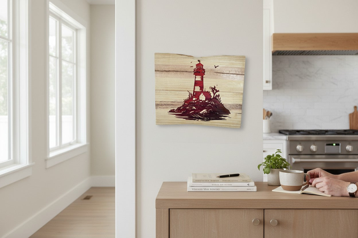 TK Wood Designs red lighthouse carved into light wood, with distressed details and a coastal scene.