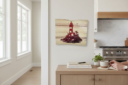 TK Wood Designs red lighthouse carved into light wood, with distressed details and a coastal scene.