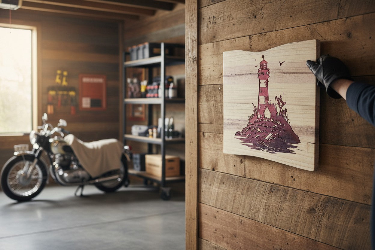 TK Wood Designs red lighthouse carved into light wood, depicting a weathered lighthouse on a rocky shore with birds flying overhead.