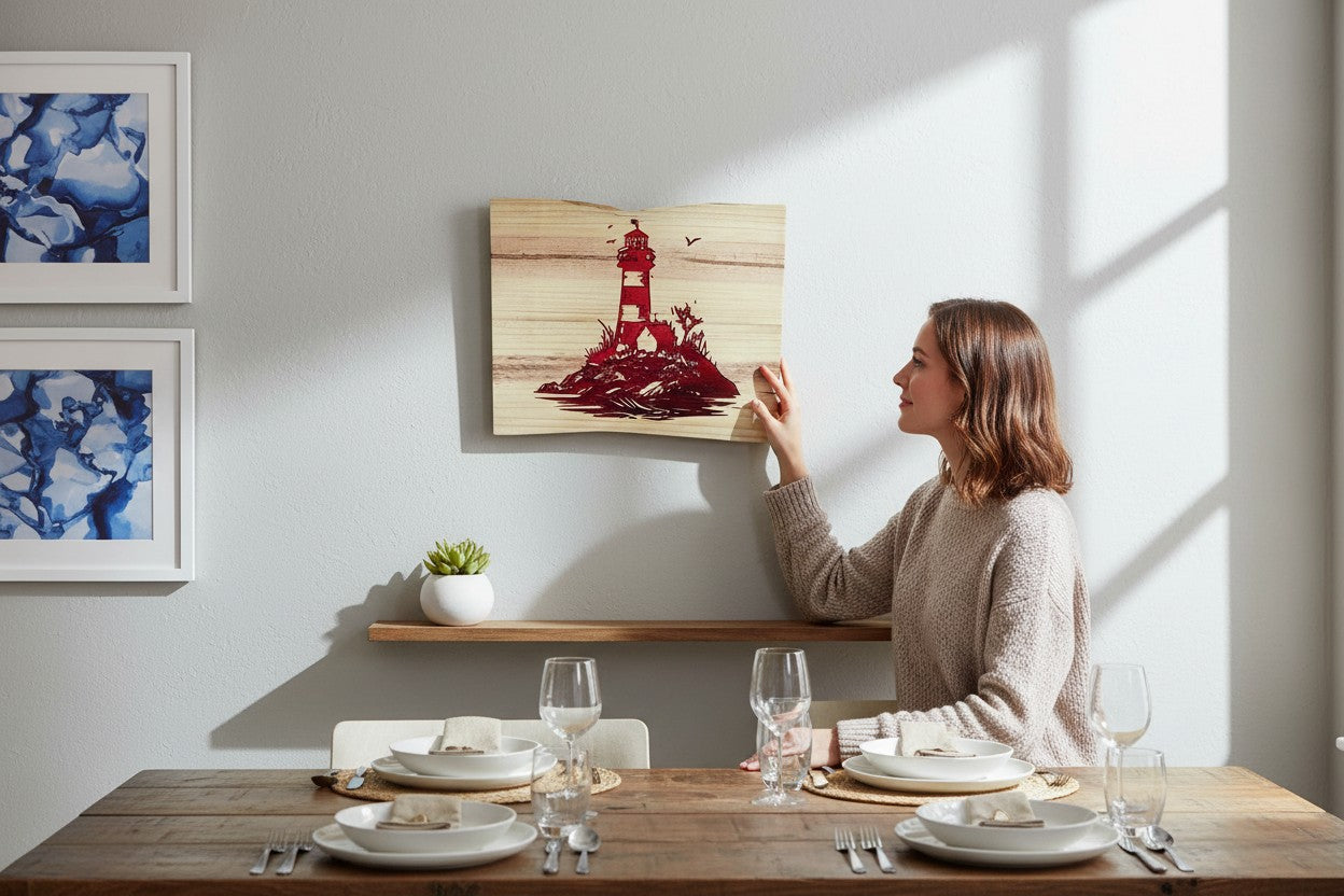 TK Wood Designs rustic wooden sign with carved red lighthouse and waves. Natural wood finish.