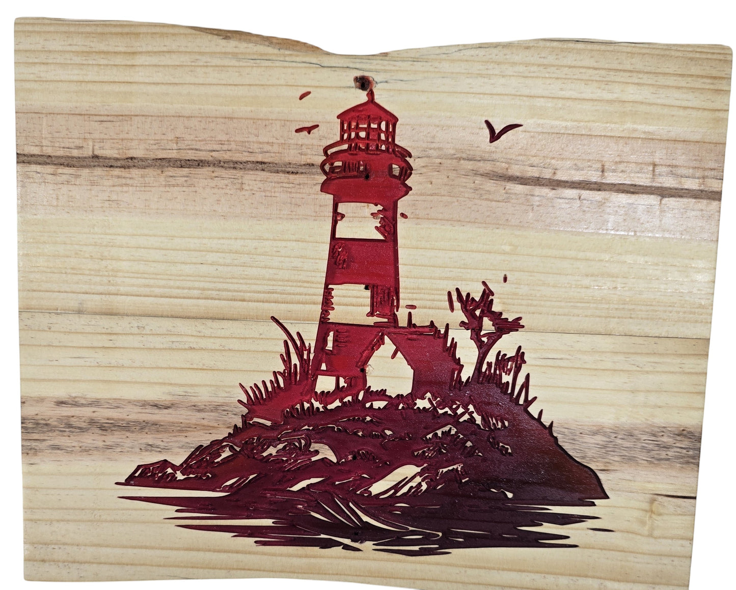 TK Wood Designs red lighthouse wood wall art with seagulls on natural wood grain.