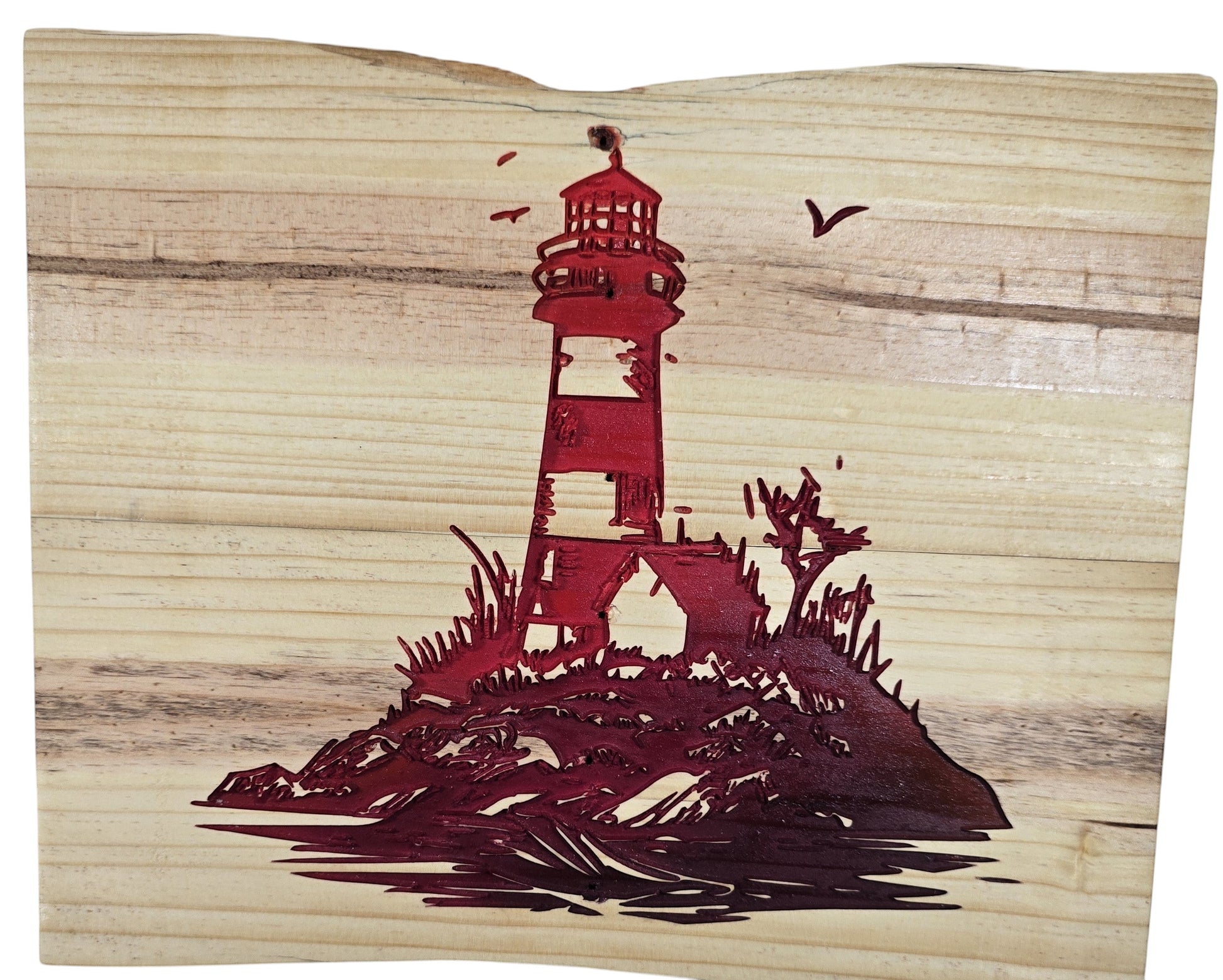 TK Wood Designs red lighthouse wood wall art with seagulls on natural wood grain.