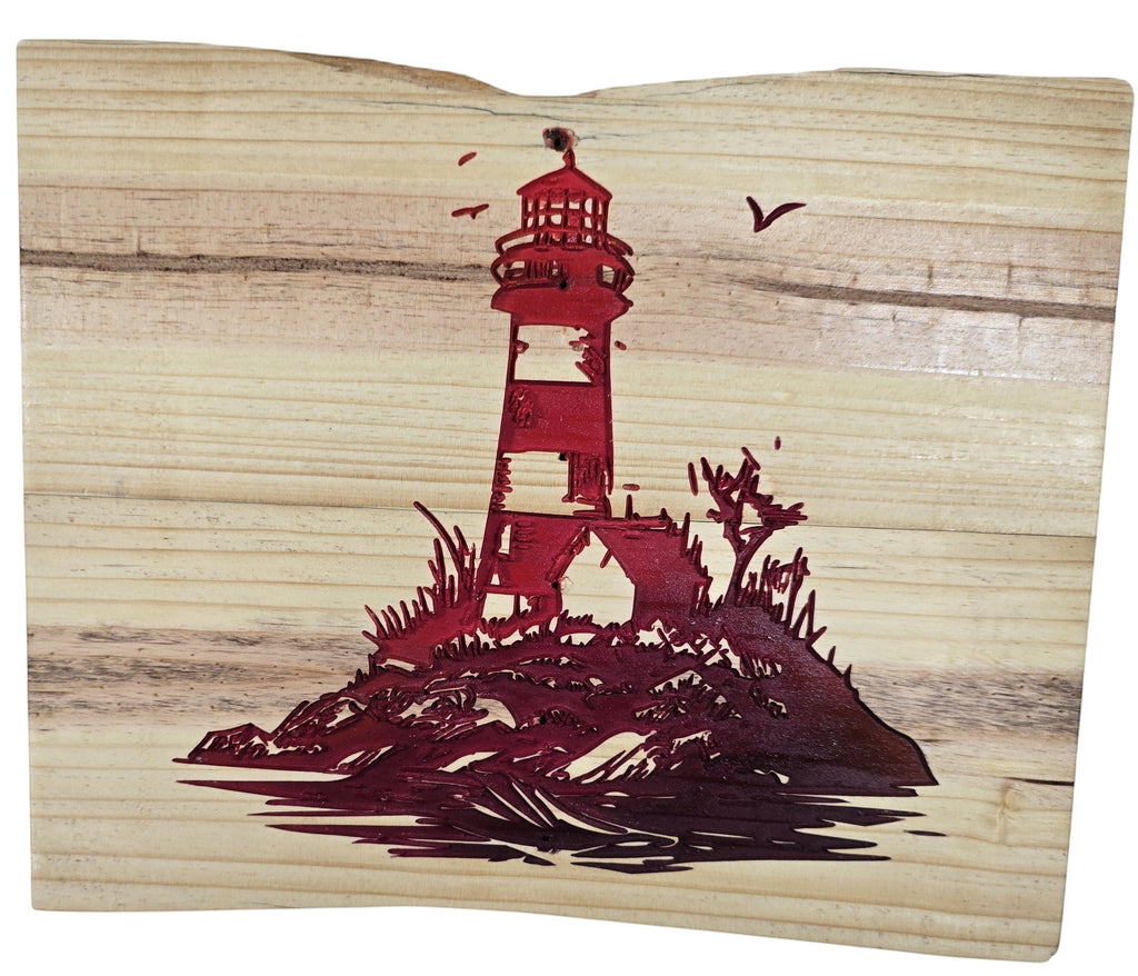 TK Wood Designs red lighthouse wood wall art with seagulls and natural wood edges. Coastal nautical decor.