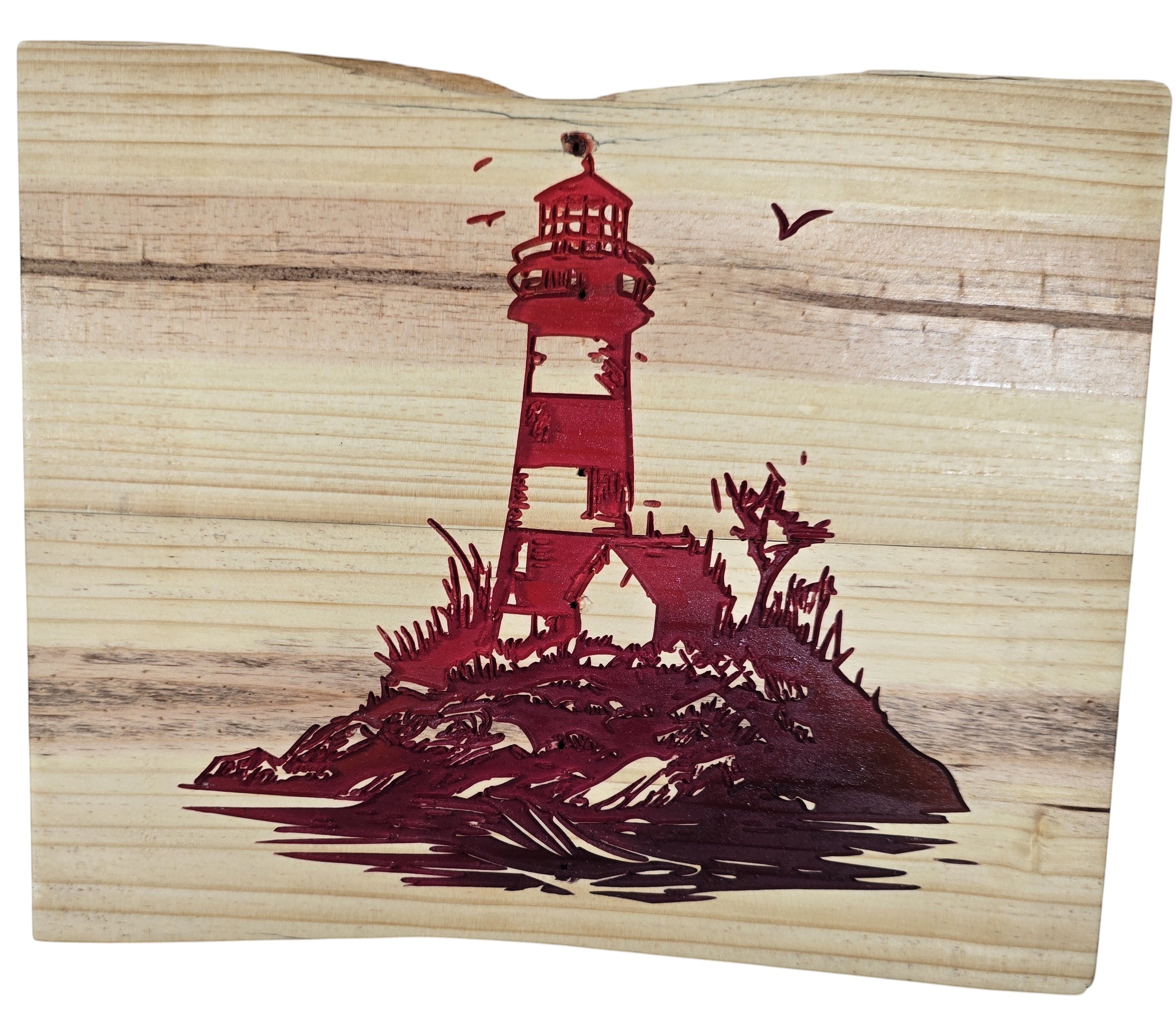 TK Wood Designs red lighthouse wood wall art with seagulls and natural wood edges. Coastal nautical decor.