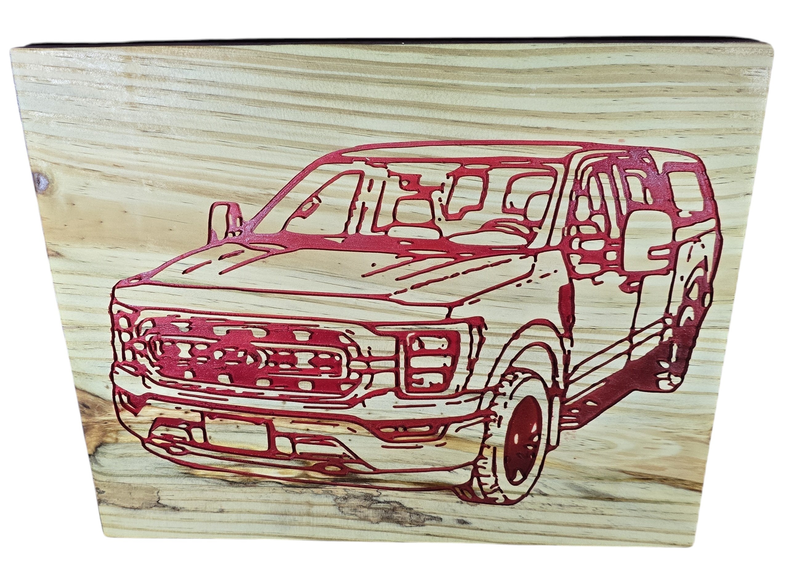 TK Wood Designs red engraved pickup truck wood wall art. Natural wood with laser-etched design.