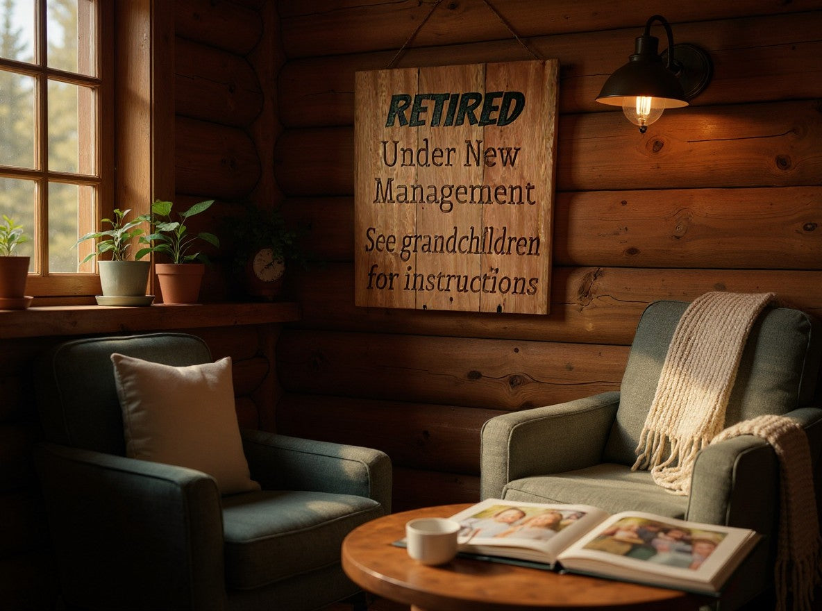 TK Wood Designs rustic plank wood wall sign with engraved retirement message hanging in a cozy log cabin living room.