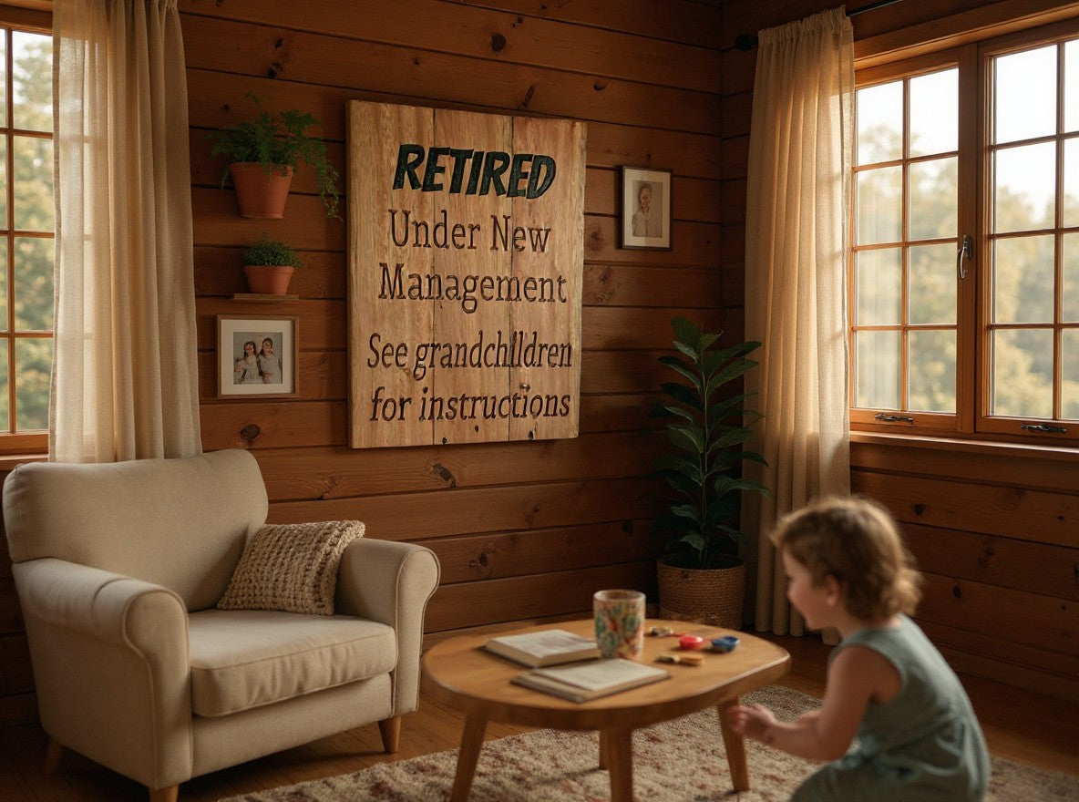 TK Wood Designs rustic plank-style wooden wall sign with engraved retirement message in a cozy living room setting.